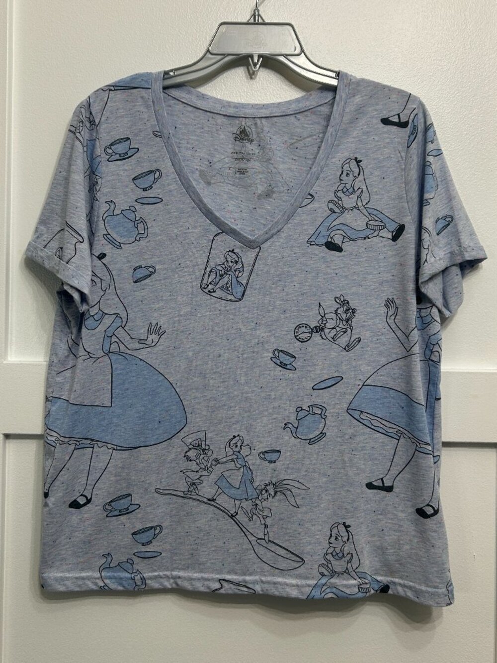 Disney Parks Alice in Wonderland Allover Print V-Neck T-Shirt Large